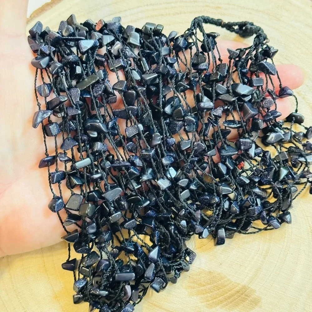 VTG Blue Goldstone beaded Long Multi Necklace‎ Beads glass Crochet 90s Y2k 38